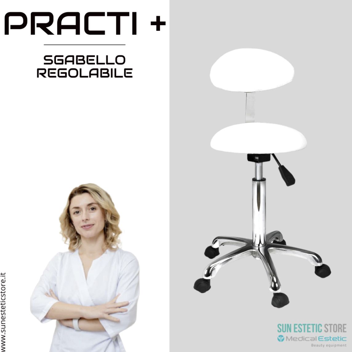 Practi + sgabello con schienale bianco regolabile