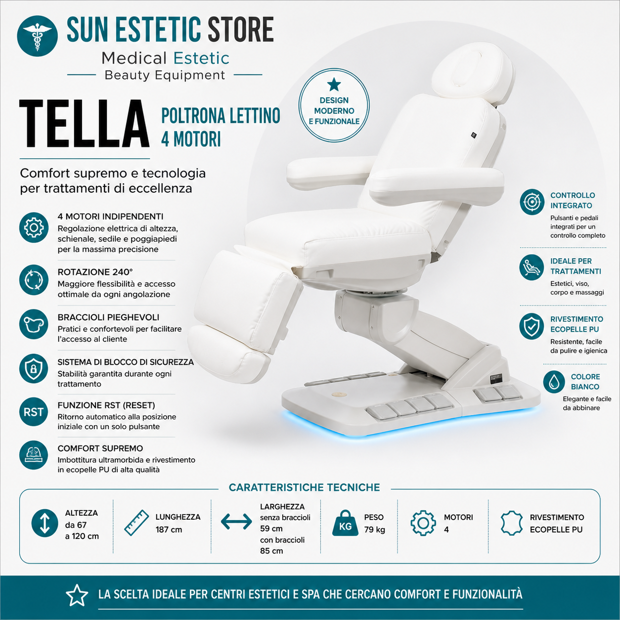 Tella poltrona lettino elettrica professionale 4 motori massaggi estetica  EB+