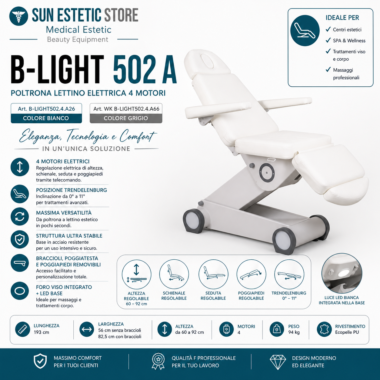 B-light 502 Poltrona lettino professionale elettrica 4 motori estetica studio medico