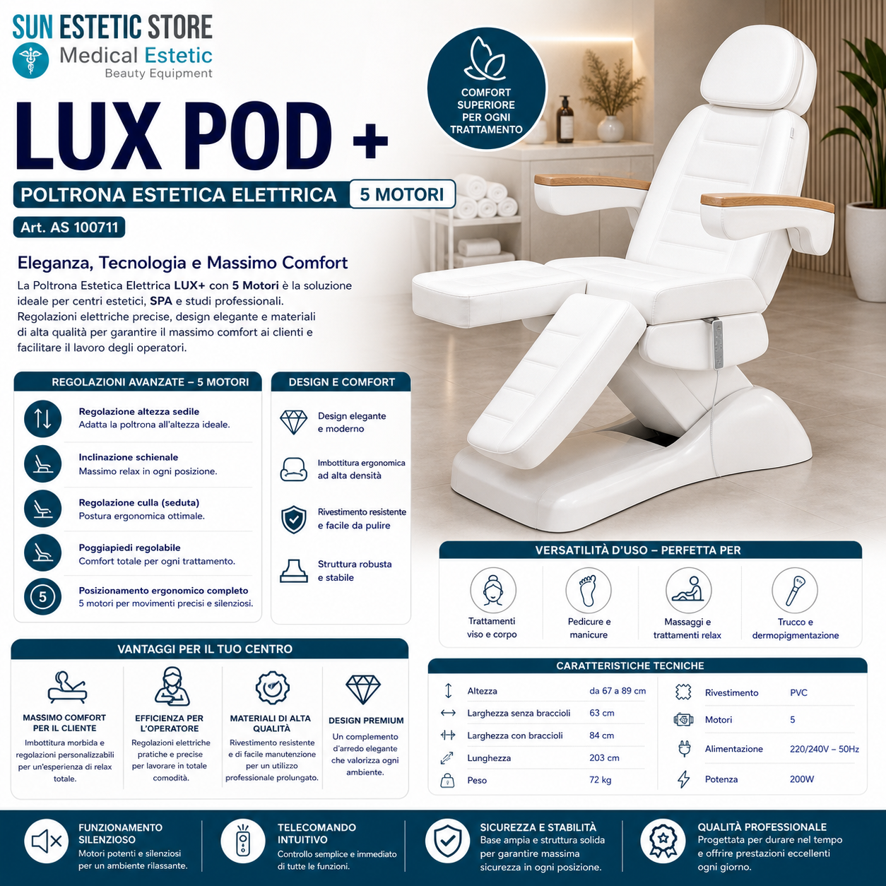 Lux Podo + poltrona podologica elettrica 5 motori estetica