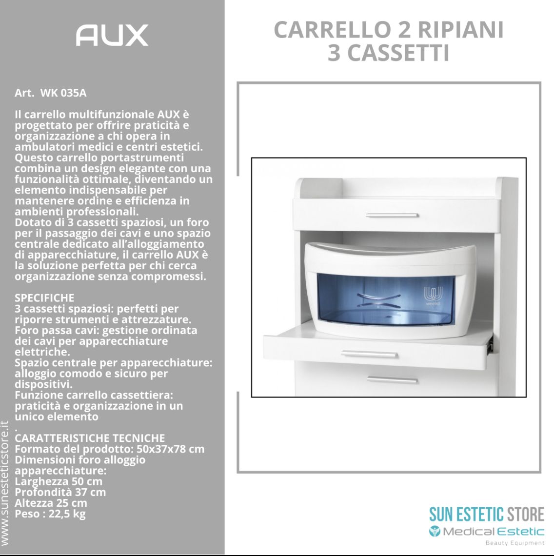 Aux carrello in legno bianco laccato con cassetti con alloggio porta apparecchiature