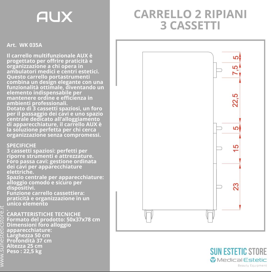 Aux carrello in legno bianco laccato con cassetti con alloggio porta apparecchiature