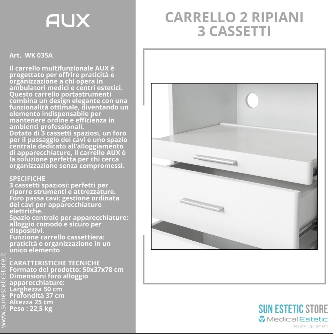 Aux carrello in legno bianco laccato con cassetti con alloggio porta apparecchiature