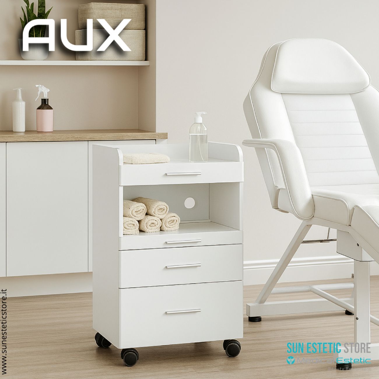 Aux carrello in legno bianco laccato con cassetti con alloggio porta apparecchiature
