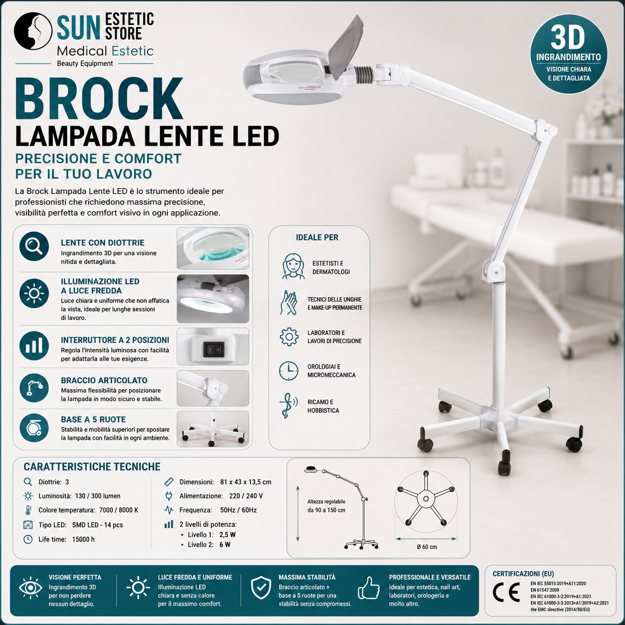 Ampli + lampada led lente ingrandimento 3 diottrie estetista