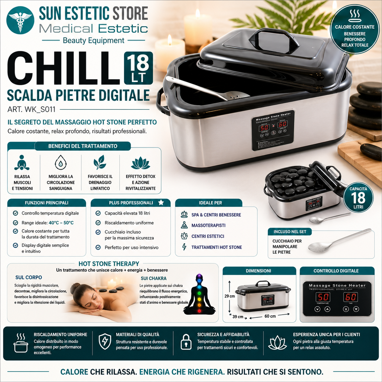 Chill scalda pietre digitale da 18 lt centro estetico per Hot Stone massage